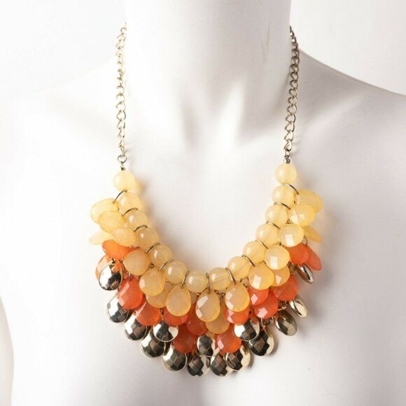 Layer Necklace Gold Tone Orange Yellow Acrylic - Picture 1 of 2